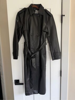 emory park Black Faux Leather Trench Coat with Belt